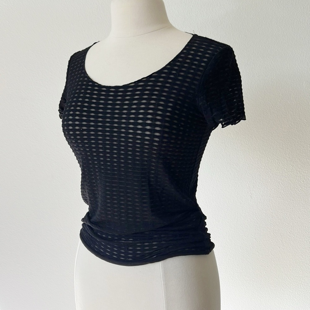 Armani Collezioni Black Sheer Open-Knit Short Sleeve Tee - Picture 6 of 7